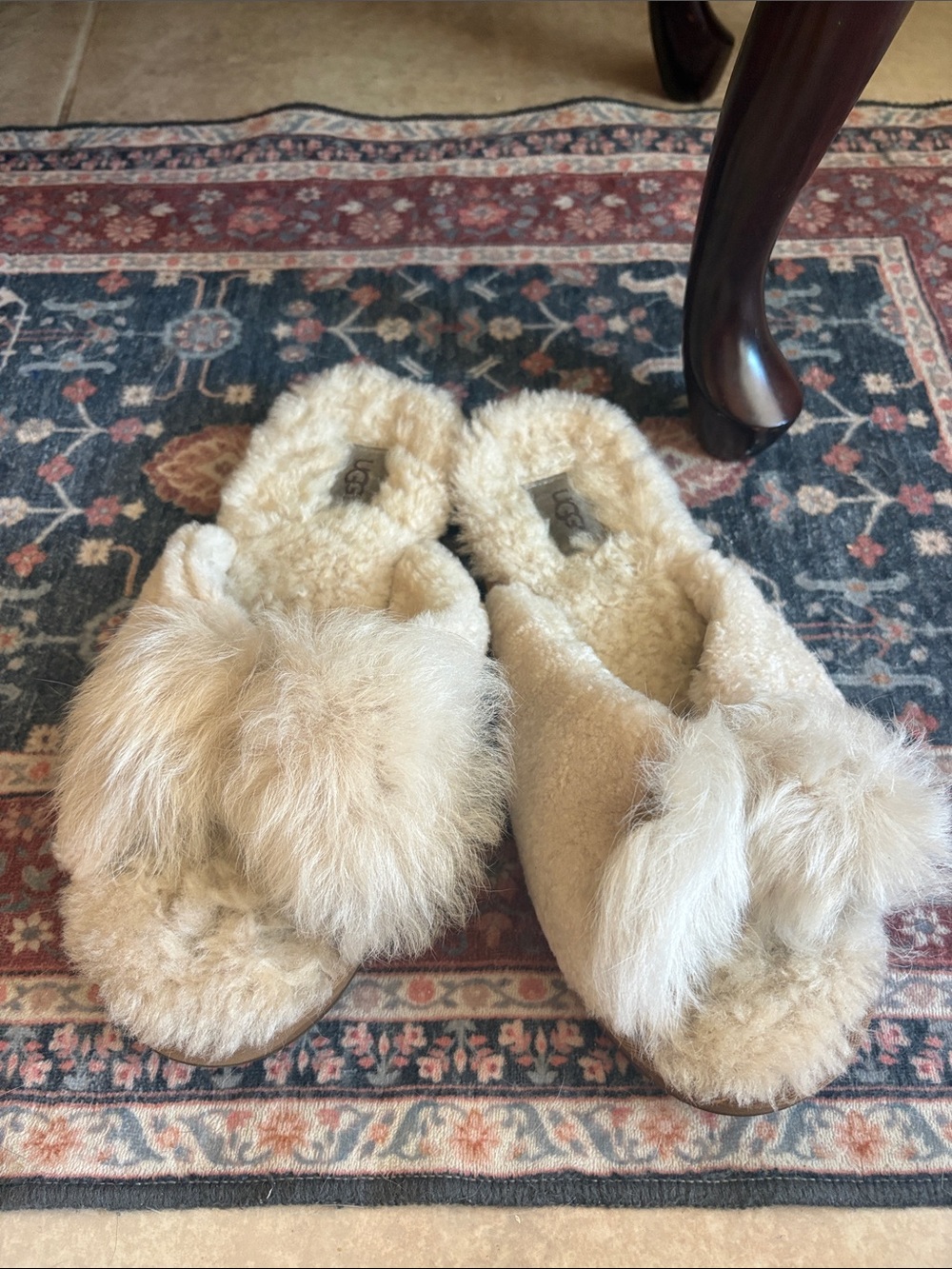 UGG Women's Cream Fuzzy Shearling Slide Slippers with Pom Bow